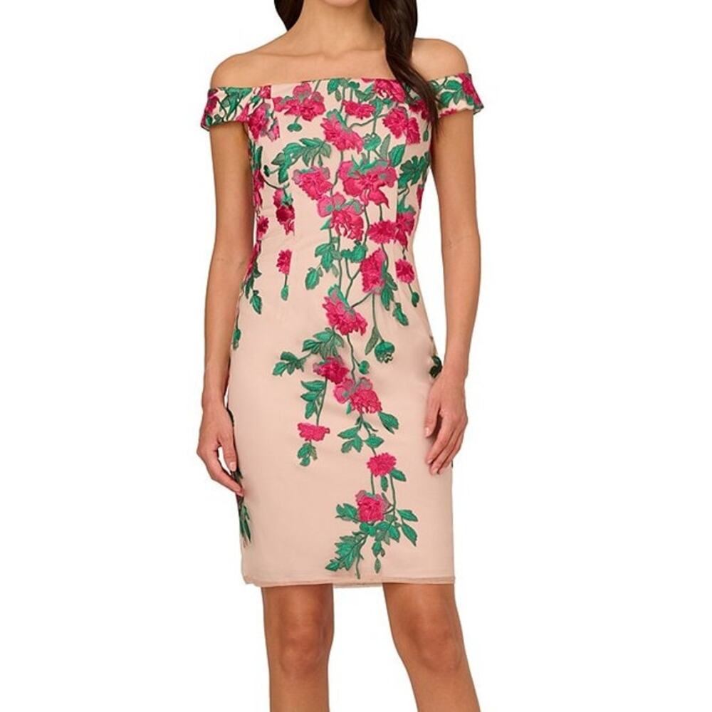 Adrianna Papell Floral Embroidered Cocktail Off The Shoulder Sheath Dress 12 NWT